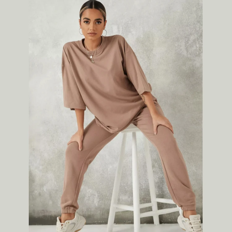 

2022 women shirts causal oversized two piece set comfy cotton solid color womens shirt and sweatpants set, Customized color