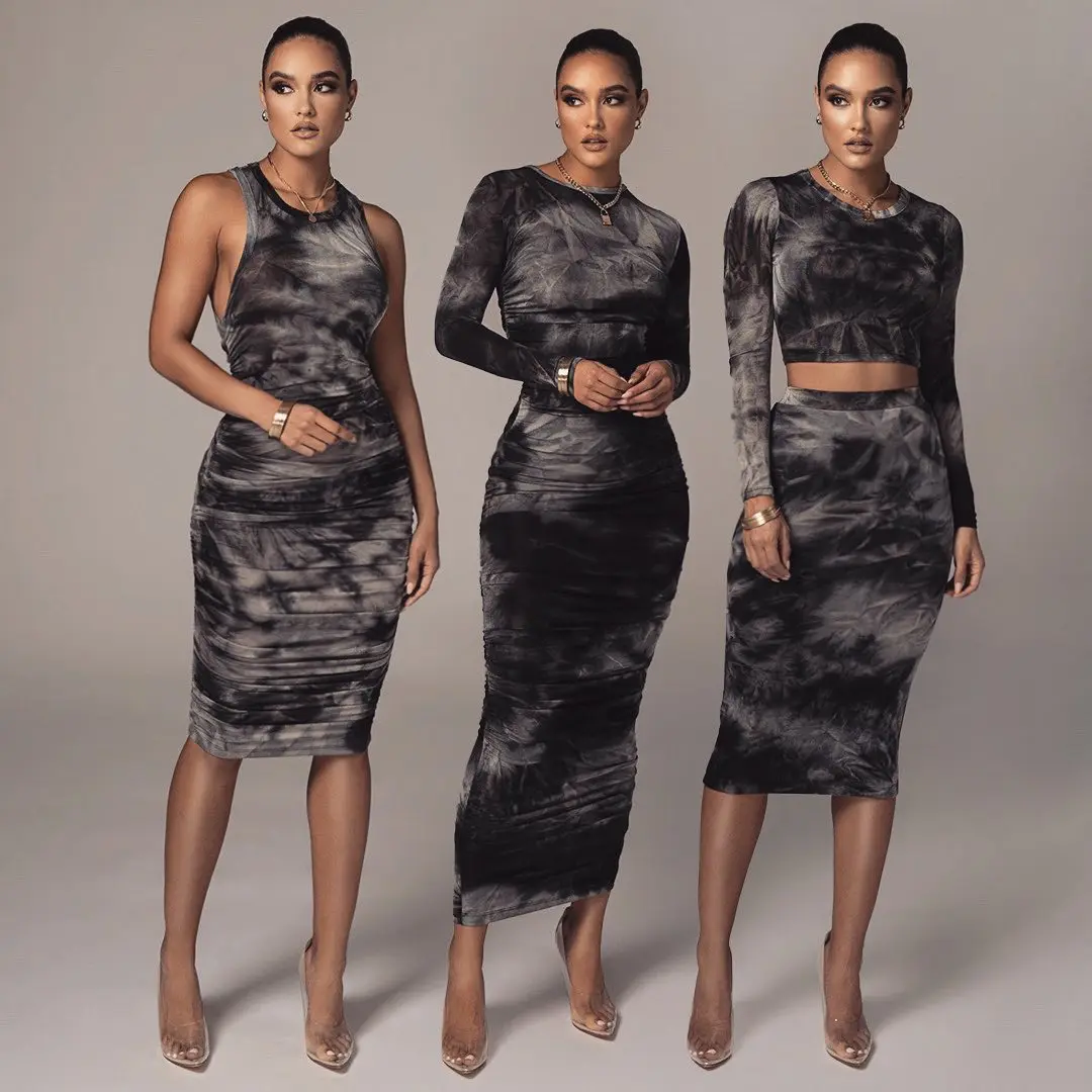 

high quality Sexy fashion two piece suit wrinkle print holiday ladies girl female women clothes skirt casual dresses