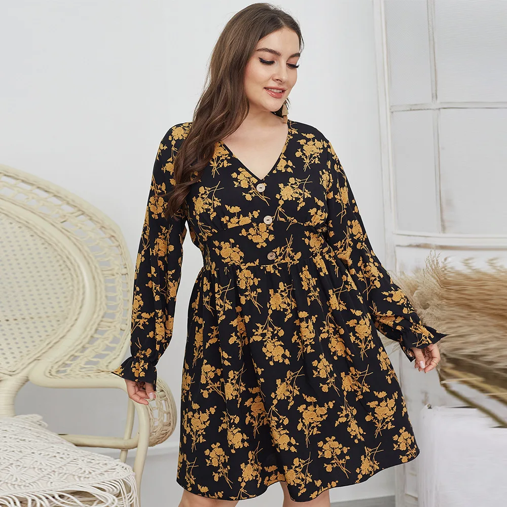 

High Quality Floral Knit Women Leopard Print Short Sleeve Long Skirt Fashion Dress Flower Print V-neck Bohemian Large Size