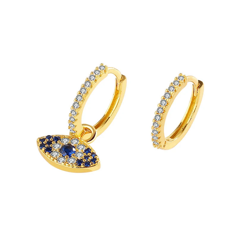 

Women high polished 18k gold plated brass cubic zirconia diamond asymmetric huggie hoop blue evil eye earrings