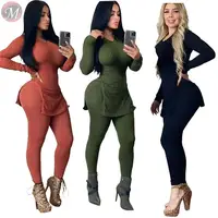

9111216 stylish solid color hem slit rib fabric casual 2020 Pant Two Piece Set Women Clothing womens summer 2 piece set