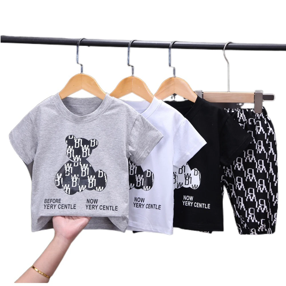 

New trendy summer spot cotton baby Boys cloth pullover sweatpants suit cartoon bear T cropped trousers two-piece sets, Black,white,gray