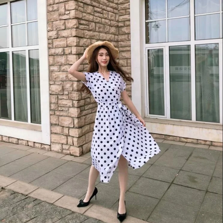 

Fashion V-Neck Women Everyday Polka Dot Print Casual Dress, Picture color