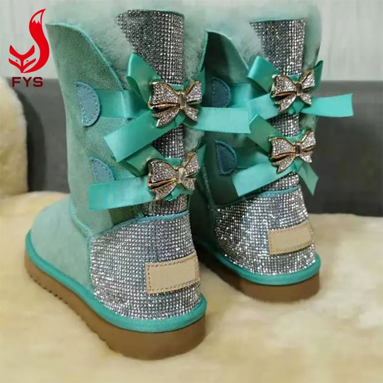 

Stylish Bling Diamond Snow Fur Boots Leather Luxury Winter Flat Boots With Bow, Natural or dyed as your like