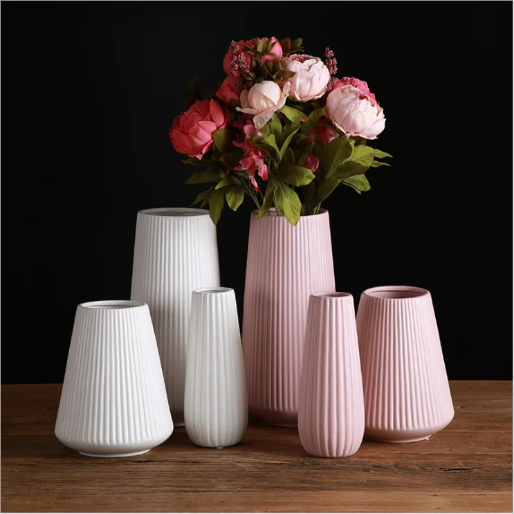 

Home decoration nordic style matt glazed fluted ceramic vase wholesale, White pink gray