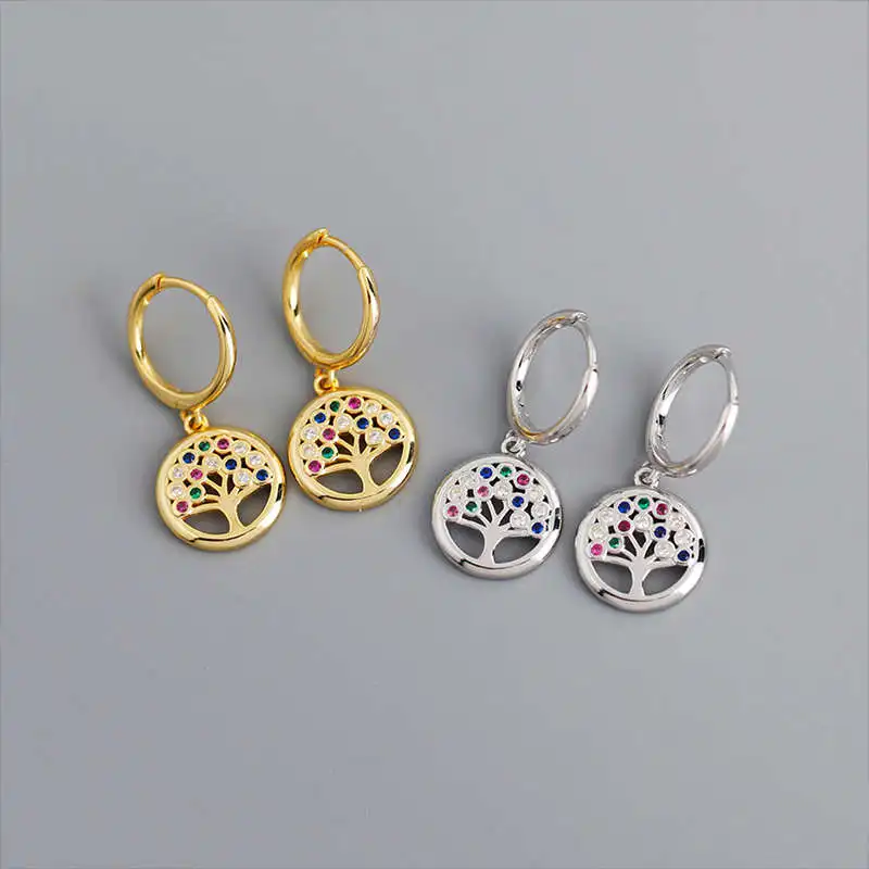 

fashion jewelry 18k gold Mixed color diamond and colored zircon peace tree 925 sterling silver hoop earrings female