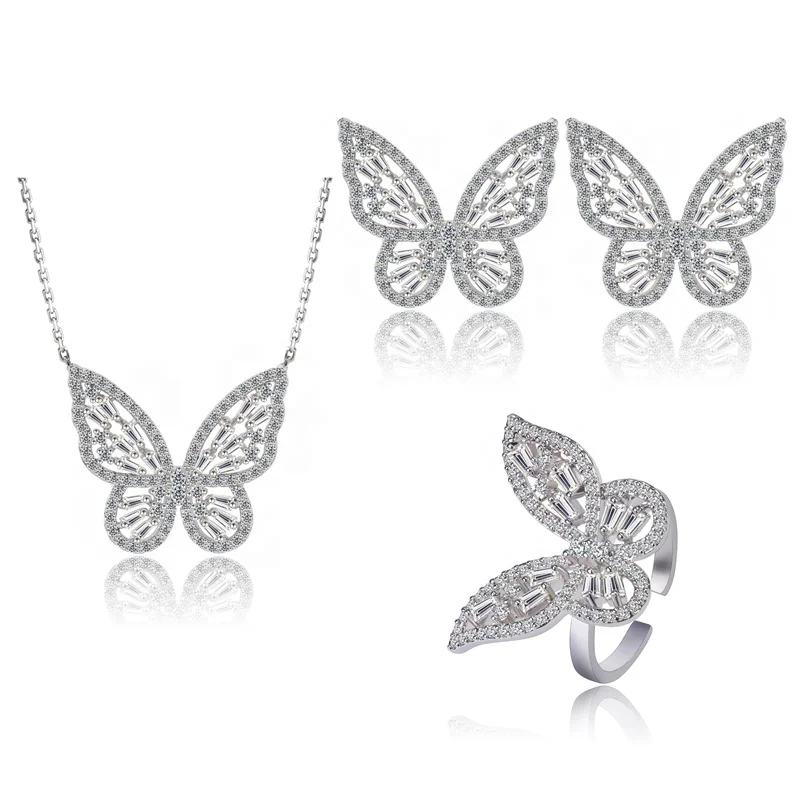 

2020 hot sale jewelry set white gold plated cubic zirconia butterfly necklace butterfly earrings butterfly ring for women