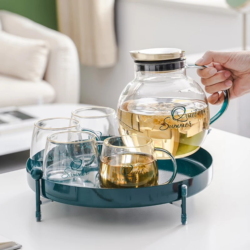 

Luxury Tea Water Kettle With Handle High Temperature Resistant Large Capacity Teacup Glass Teapot Set, Green/pink