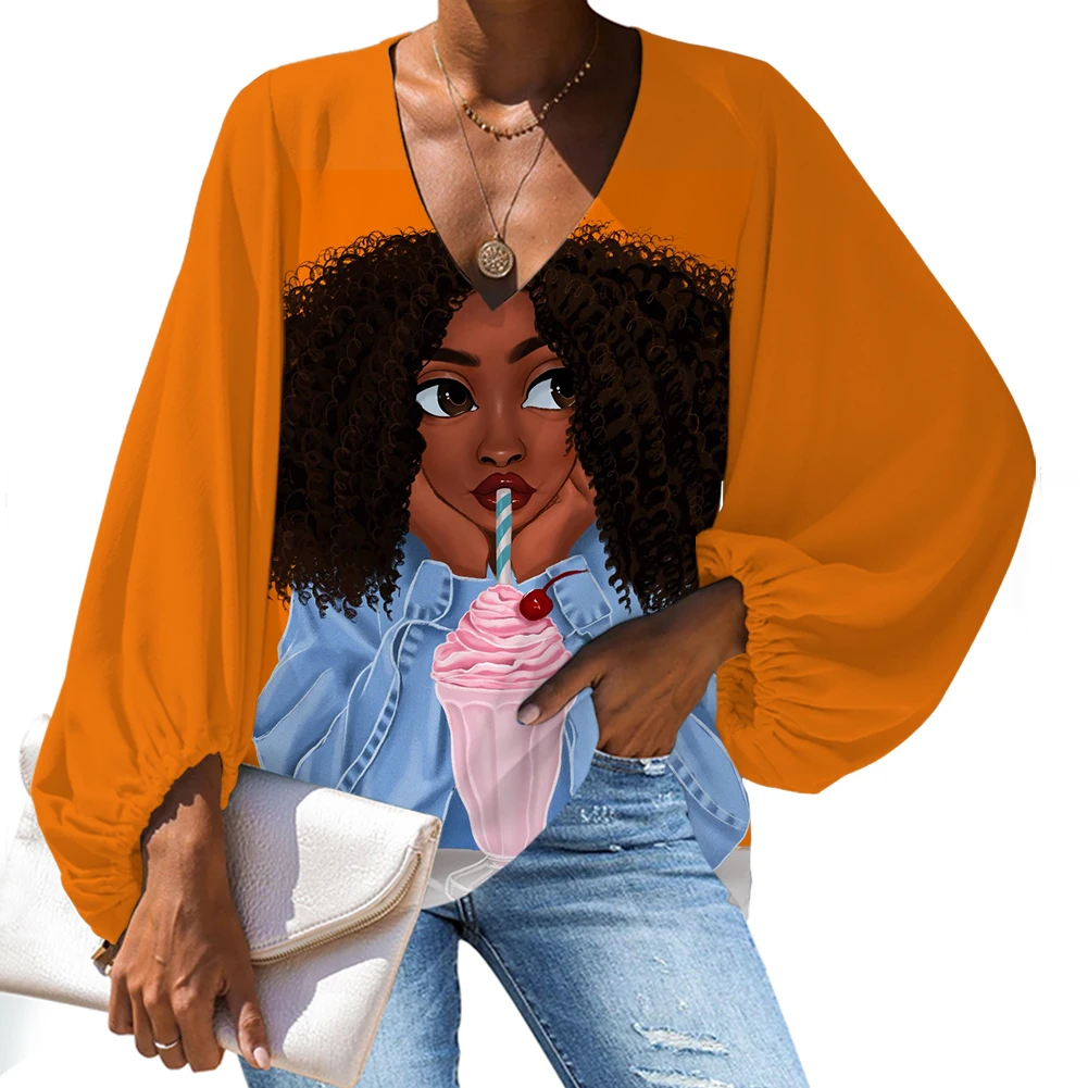 

2021 Autumn Clothing blus Custom brand logo tops women oversized 4XL loose fit shirt african girl pattern printed chiffon Blouse