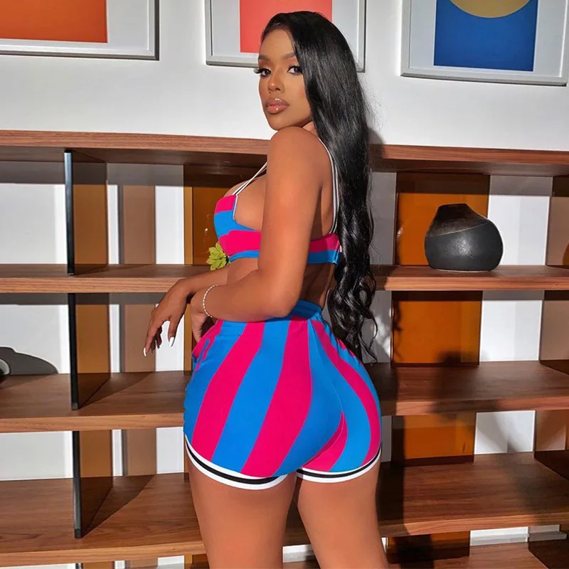 

S4661C Summer hot 2021 crop top+shorts 2 pieces set women clothing colorful stripe two piece short pants set rave festival wear, As picture