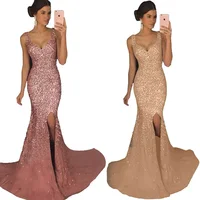 

lady V neck Sexy Fashion Sequin Party Women Elegant bridal golden evening party Dress Glitter High Split Maxi long Dress gowns