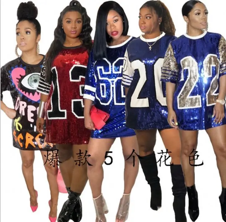 

FM-CY8129 Stage Performance Clothing Hip Hop Sparkle Bling Dress Sequins T Shirt Dress, As pic
