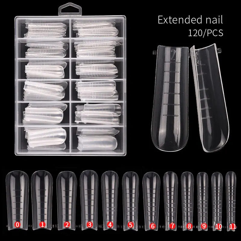 

Wholesale Long Acrylic Ballet Nail Tips 120 Pieces/box Extended Nail Model Transparent False Nail Paste 12 Size