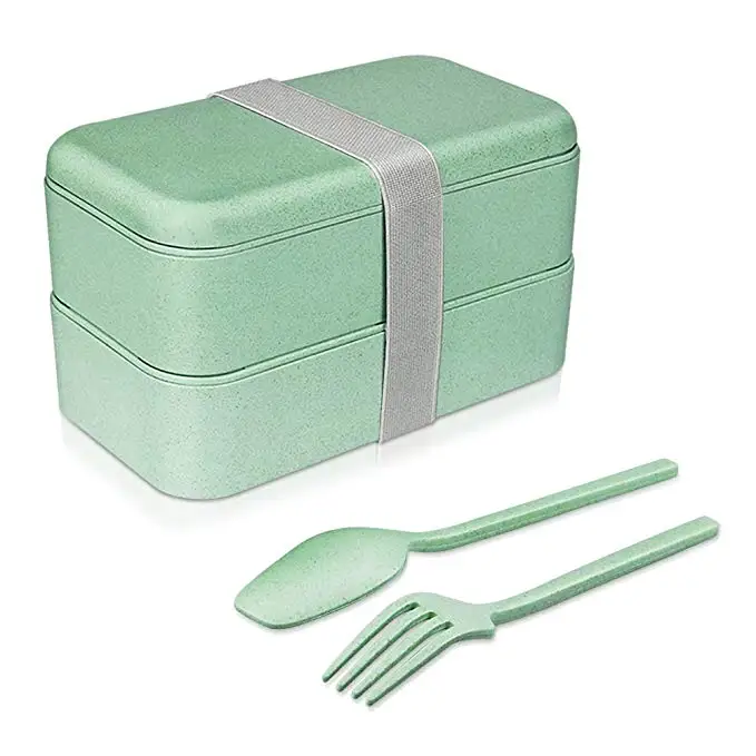 

800ml Biodegradable Eco Friendly Food Grade Microwave Dishwasher Safe Double Layer Bento Lunch Box With Cutlery, Pink/yellow/green/blue/black