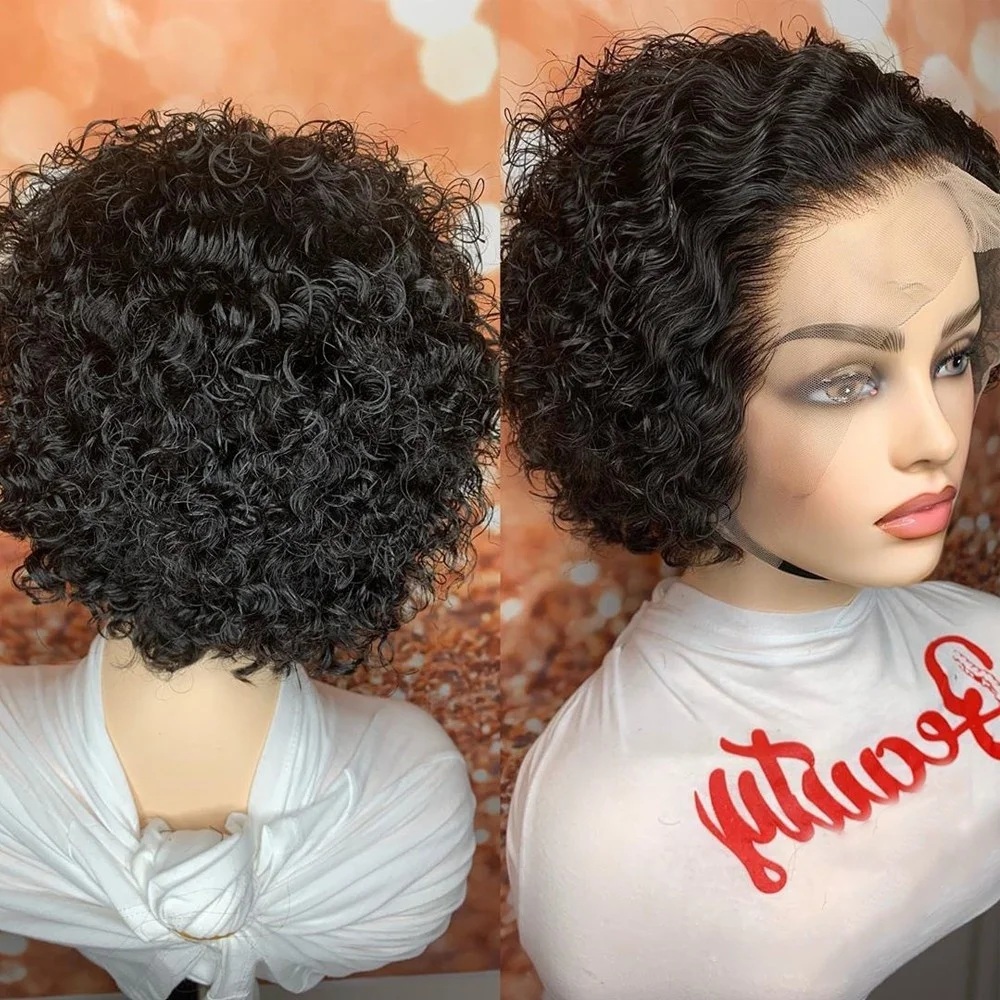 

Wholesale 130% Hiar Density Short Pixie cut Curly Human Hair wigs Lace Front Wigs