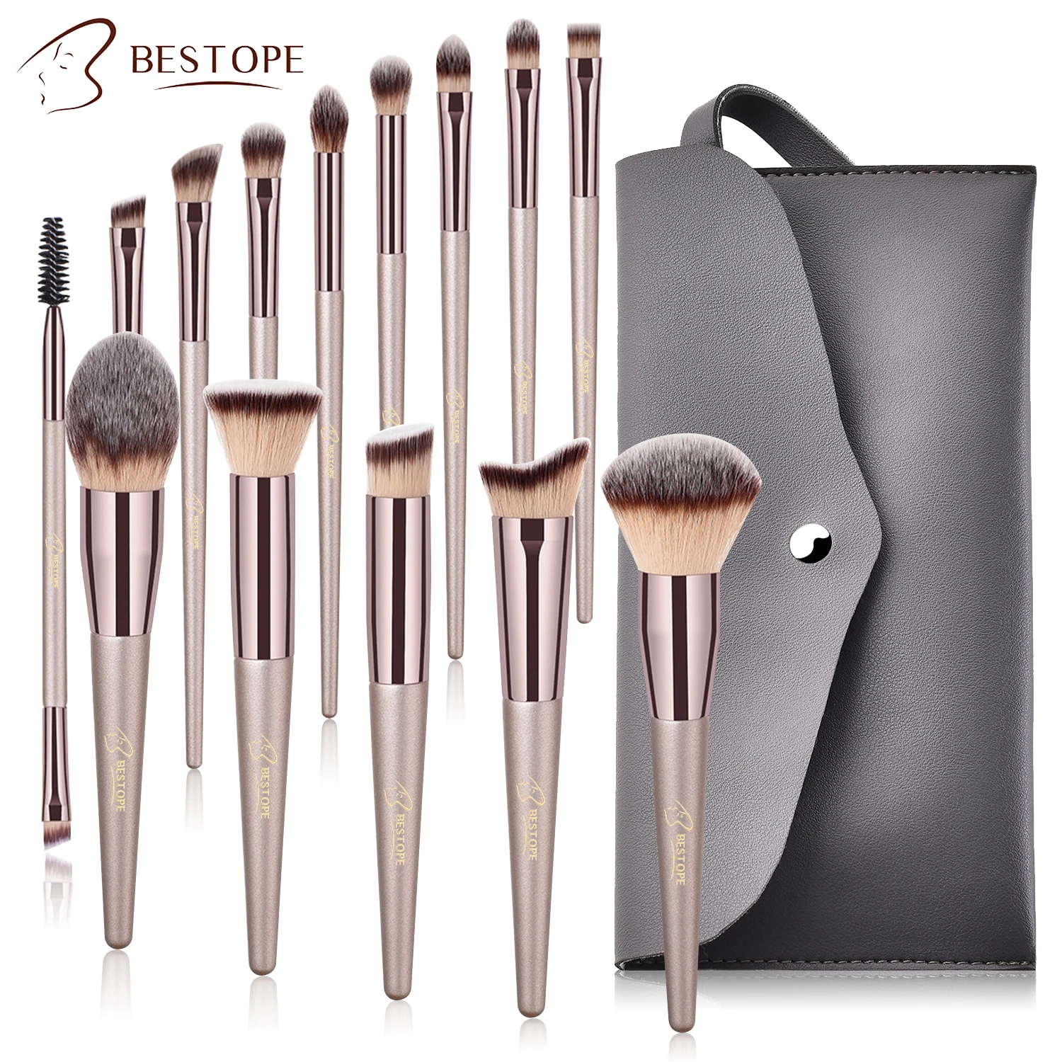 

Bestope 2021 travel 14pcs professional eyeshadow lip mascara concealer makeup brush kit custom logo brush set makeup with bag, Rose golden