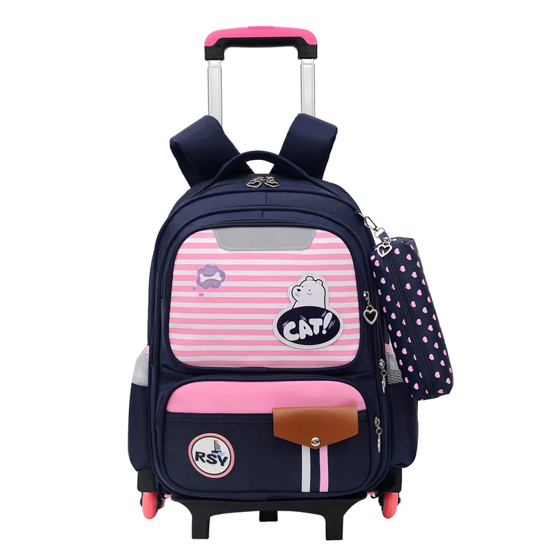 

Carton canvas stripe Children's school bag with wheels three-wheeled trolley,primary school bag, Customized