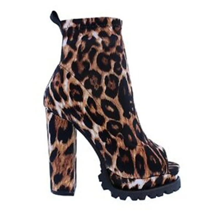 

2020 Fashion Women Leopard Boots Chunky High Heels Platform Peep Toe Ankle Booties Sexy Ladies Shoes