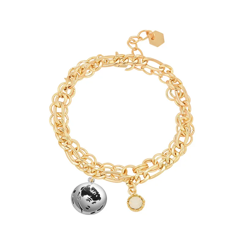 

2pcs Set 14K Gold Plating Head Pattern Disc Drop Bracelets Adjustable Link Chain Bracelets for Girls