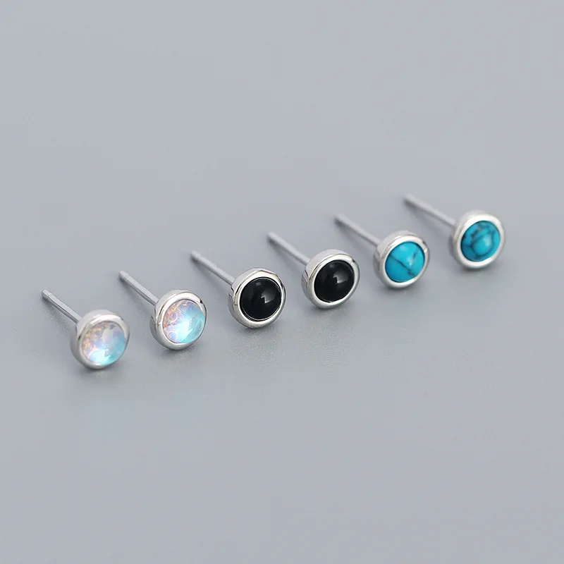 5.5MM Geometric Round Disc Earrings 925 Sterling Silver Moonstone /Agate / Turquoise Stud Earring for Women Stylish Trendy