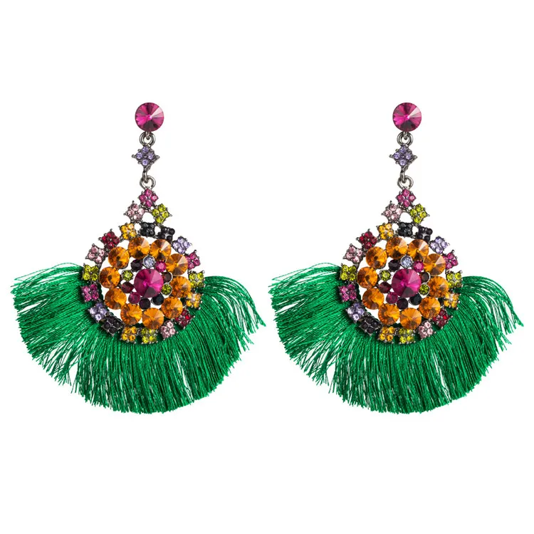 

aretes de mujer Boho Crystal Beaded Green Silk Fringe Tassel Drop Earrings Multicolor Rhinestone Crystal Fan Tassel Earrings, As picture