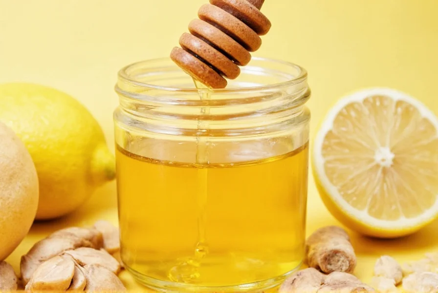 Fresh lemon slices, ginger root, and raw honey in a glass jar