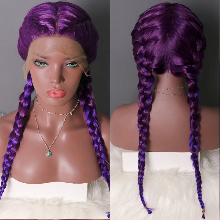 

Purple Ombre Braided Wigs Middle Part Red Double Braid Synthetic Lace Wig Heat Resistant Halloween Amazon Hot Sale For Women