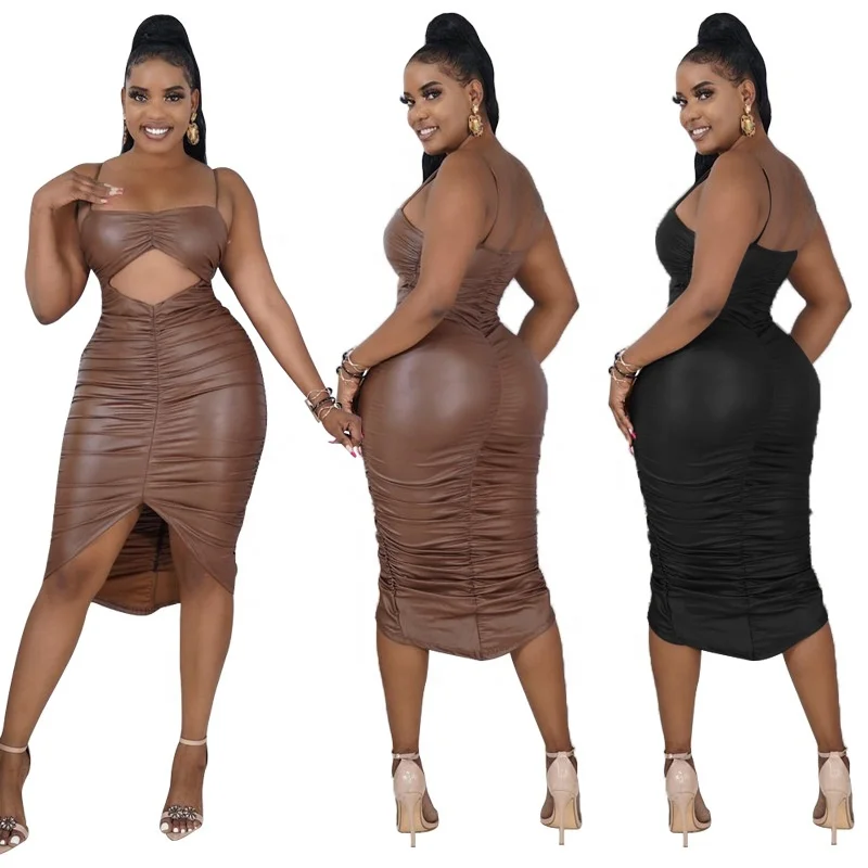 

2022 New Spring Sexy Front Hollow Sleeveless Tight Fit Leather Party Women Dress Plus Size