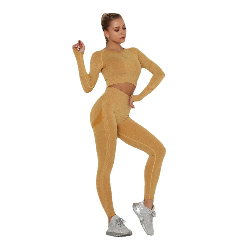 

Women's Sets Skinny Tracksuit Breathable Bra Long Sleeve Top Seamless Outfits High Waist Push Up Leggings Gym Clothes Sport Suit, Accept custom color