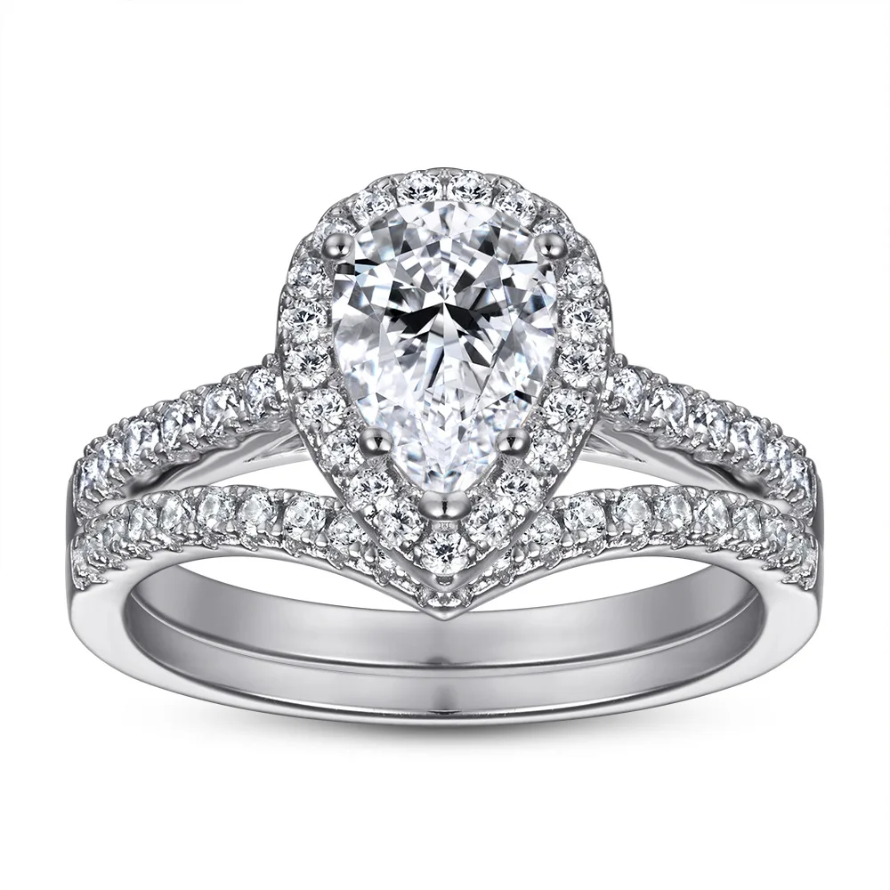OAHLAN Fine Jewelry 1.5ct Pear Cut Cubic Zirconia 925 Sterling Silver Wedding Set for Women Solitaire Promise Engagement Ring