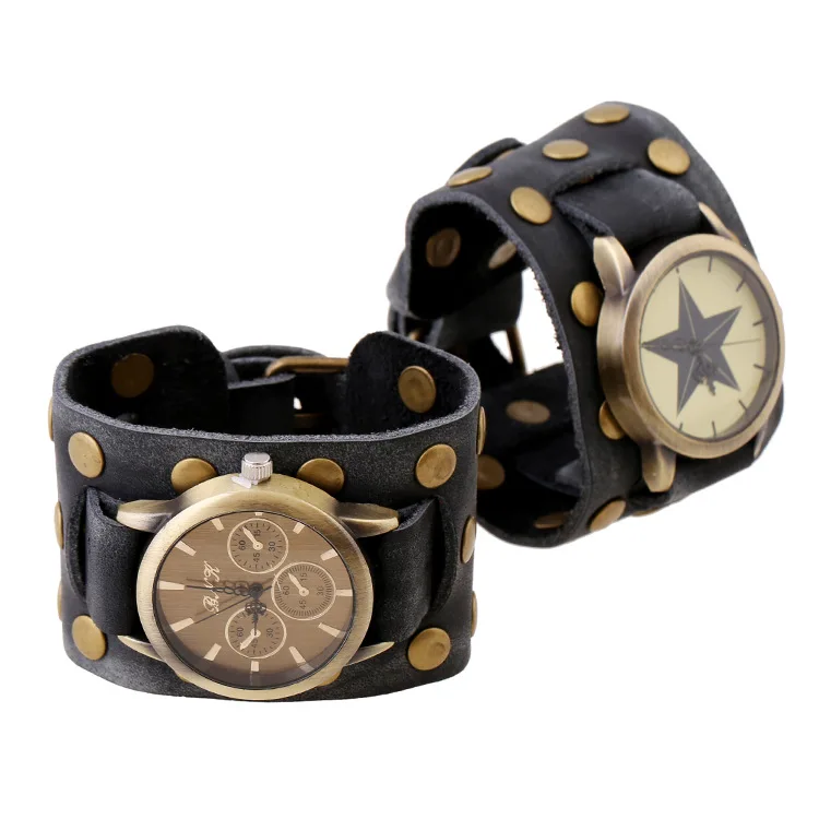 

Vintage Charms Custom Width Star Leather Wrap Band Bracelet Wrist Watches For Men And Women