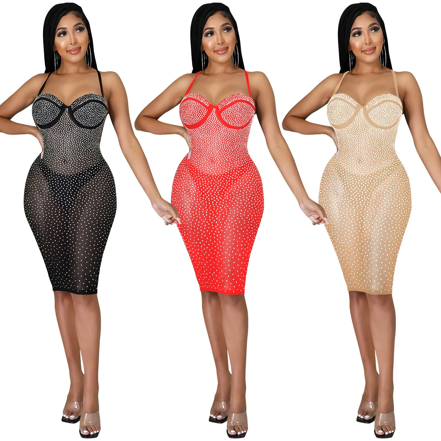 

factory wholesalesFashion Female Women Club Wear Deep Shiny V Mini Long Sleeve Sexy Black Rhinestone Bodycon Dress
