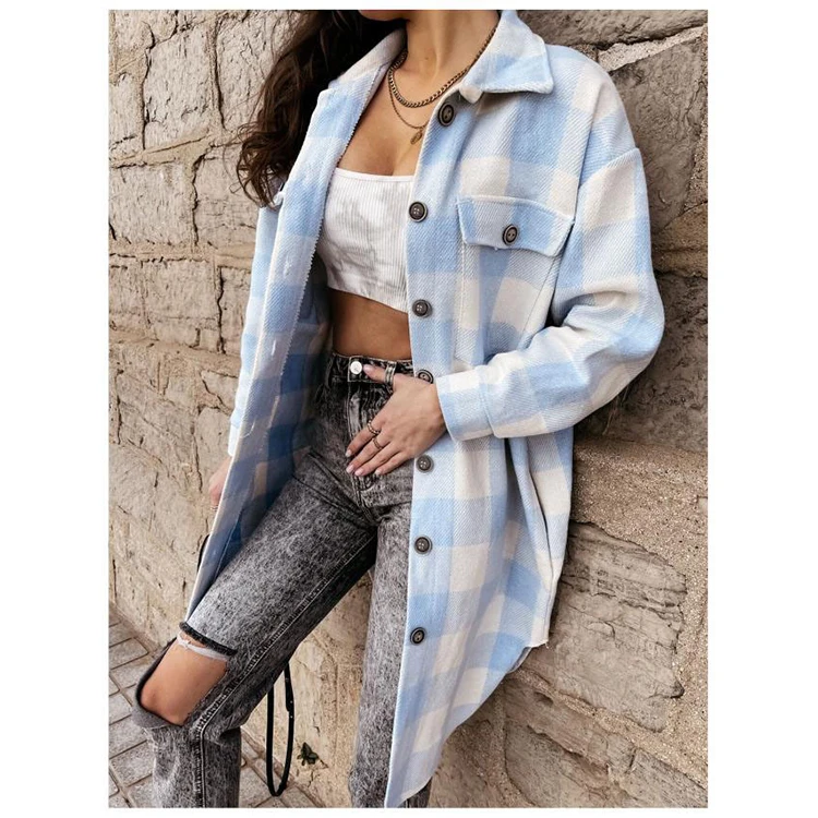 

New Color Winter Hot Selling Fashionable Woolen Plaid Shacket Jacket For Women