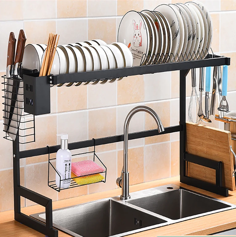 

Kitchen sink stainless steel black draining rack multifunction bowl & dish tableware storage rack