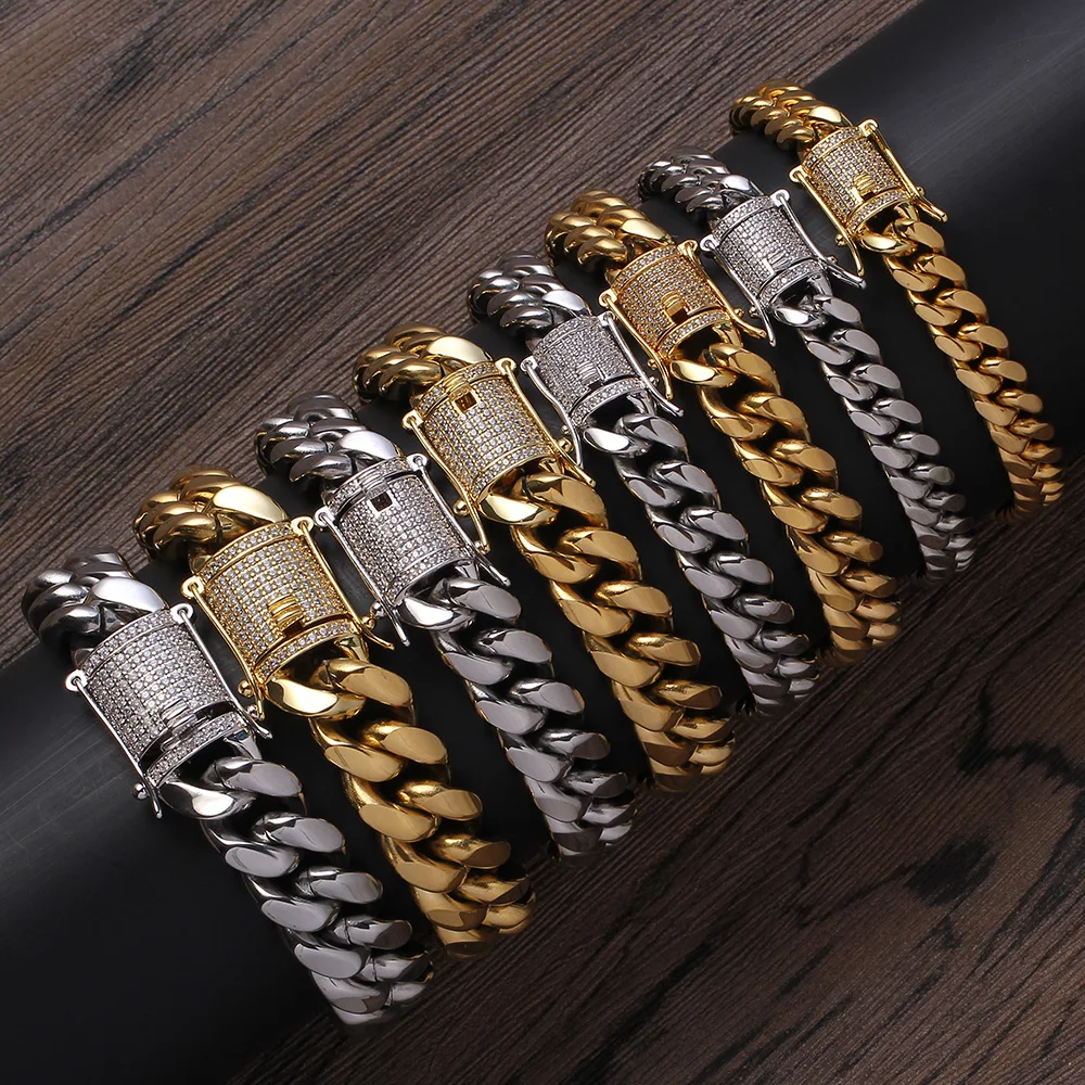 

' BB001 8mm 10mm 12mm 14mm 7inch 8inch Bracelet Stainless Steel Cuban Link Necklace Bling bling Hip Hop Jewelry