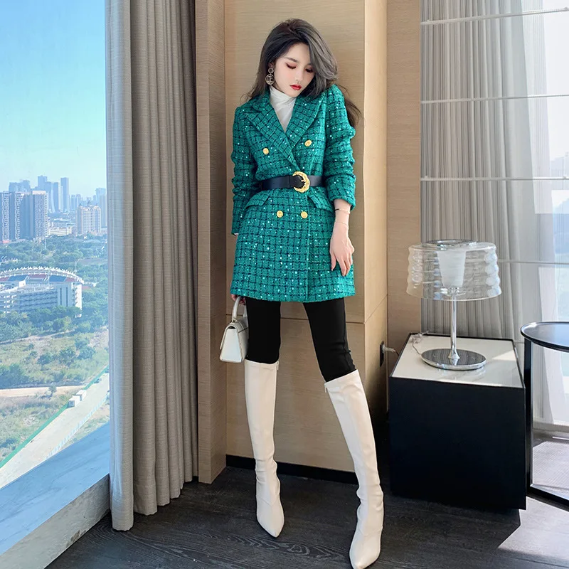 

ZYHT 5586 2022 Autumn Winter Fashion Clothing Green Plaid Woolen Tweed Blazers Coats for Ladies Women with Belt