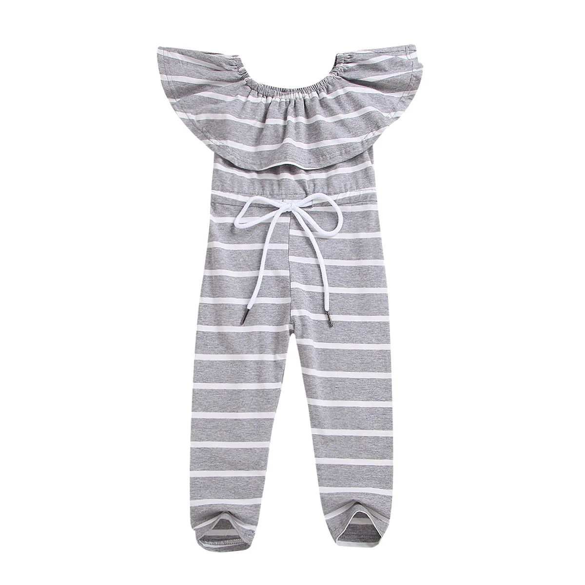 

New summer white and gray stripes short-sleeved lace-sleeved cotton baby romper jumpsuit