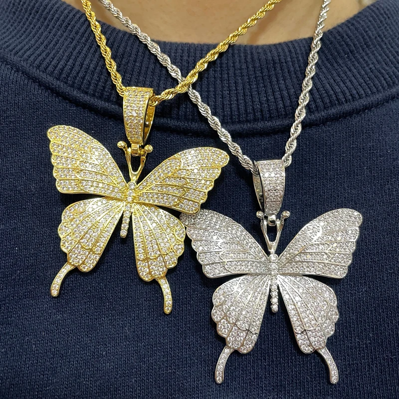 

Hot Sale CZ Trendy 2020 Iced Out Gold Plated Butterfly necklace Jewelry Hip Hop Crystal Pendant Necklace Wholesale