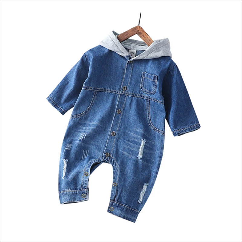 

infant button cotton denim rompers baby 2021 hooded jean romper