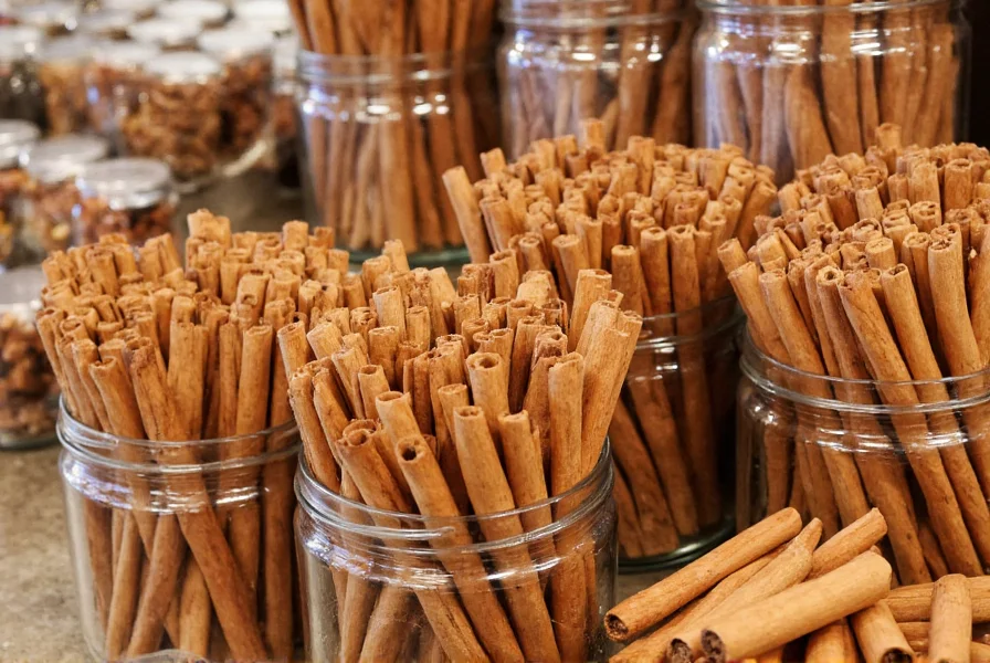 Cinnamon sticks displayed in glass jars at a grocery store spice section