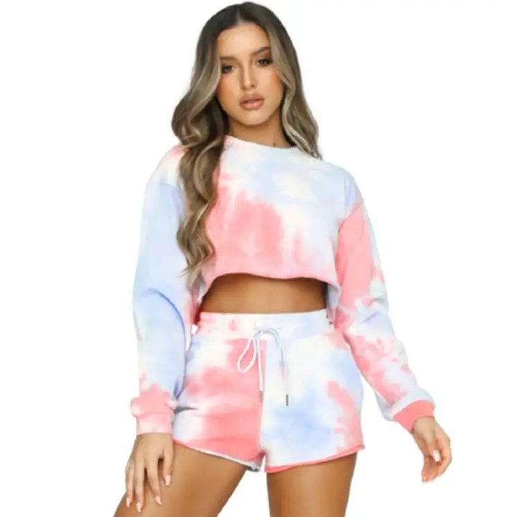 

Premium Quality Summer Colorful Jogging Outfit Short Sleeve Tye Dye 2 Piece Set Women