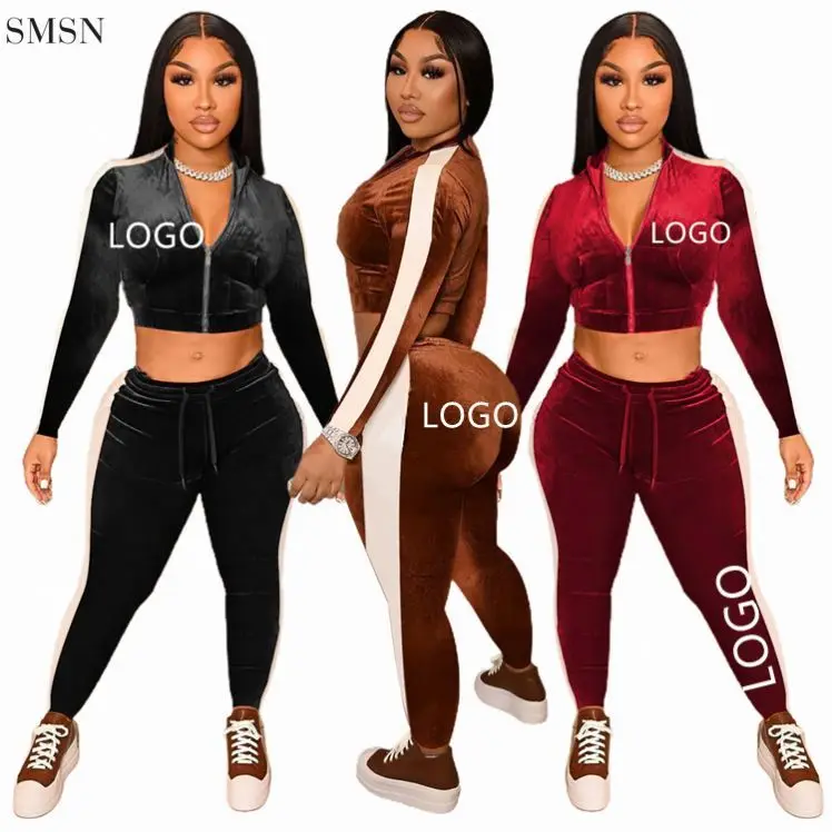 

Newest Design Velvet Zipper Skinny Solid Color Two Piece Crop Top And Pants Set Womens Tracksuits Two Piece Set