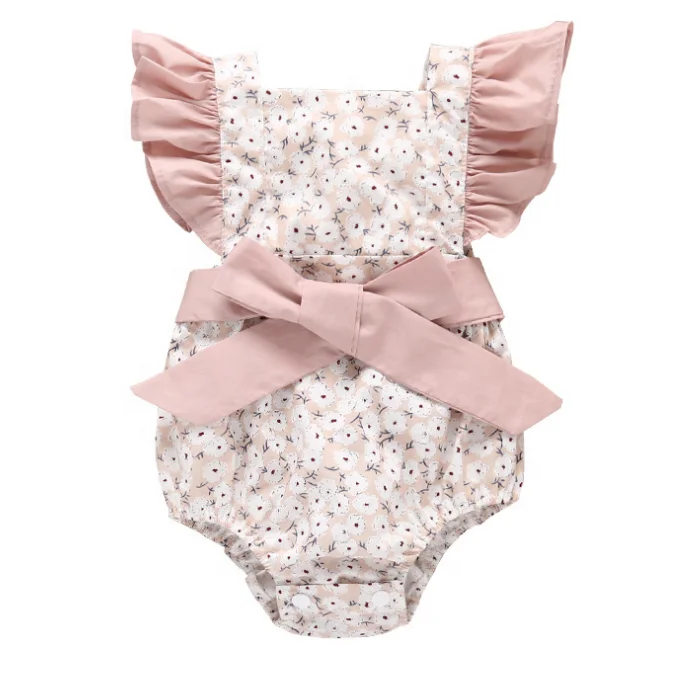 

New Arrival Summer Ruffle Bell Sleeve Square Collar Bow belt Floral Print Cute Baby Girls Romper Jumpsuit