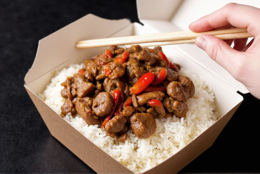 Pepper steak served over white rice in a traditional Chinese takeout container with chopsticks