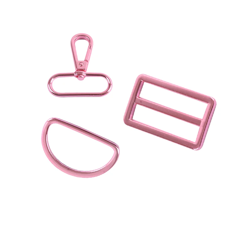 

Factory Price Pink Metal Adjustable Slider Buckle, D Ring Buckle, Handbag Swivel Snap Hook Set for Sale