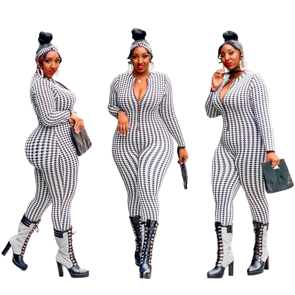 

fall womens jumpsuits Fashion casual plus size women clothing print long sleeved zipper jumpsuit women, Picture
