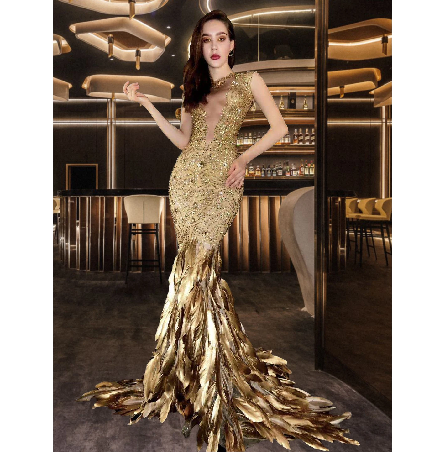 

2021 Wholesale See Through Long Feather Hem Evening Prom Dresses Mermaid Dress for Women