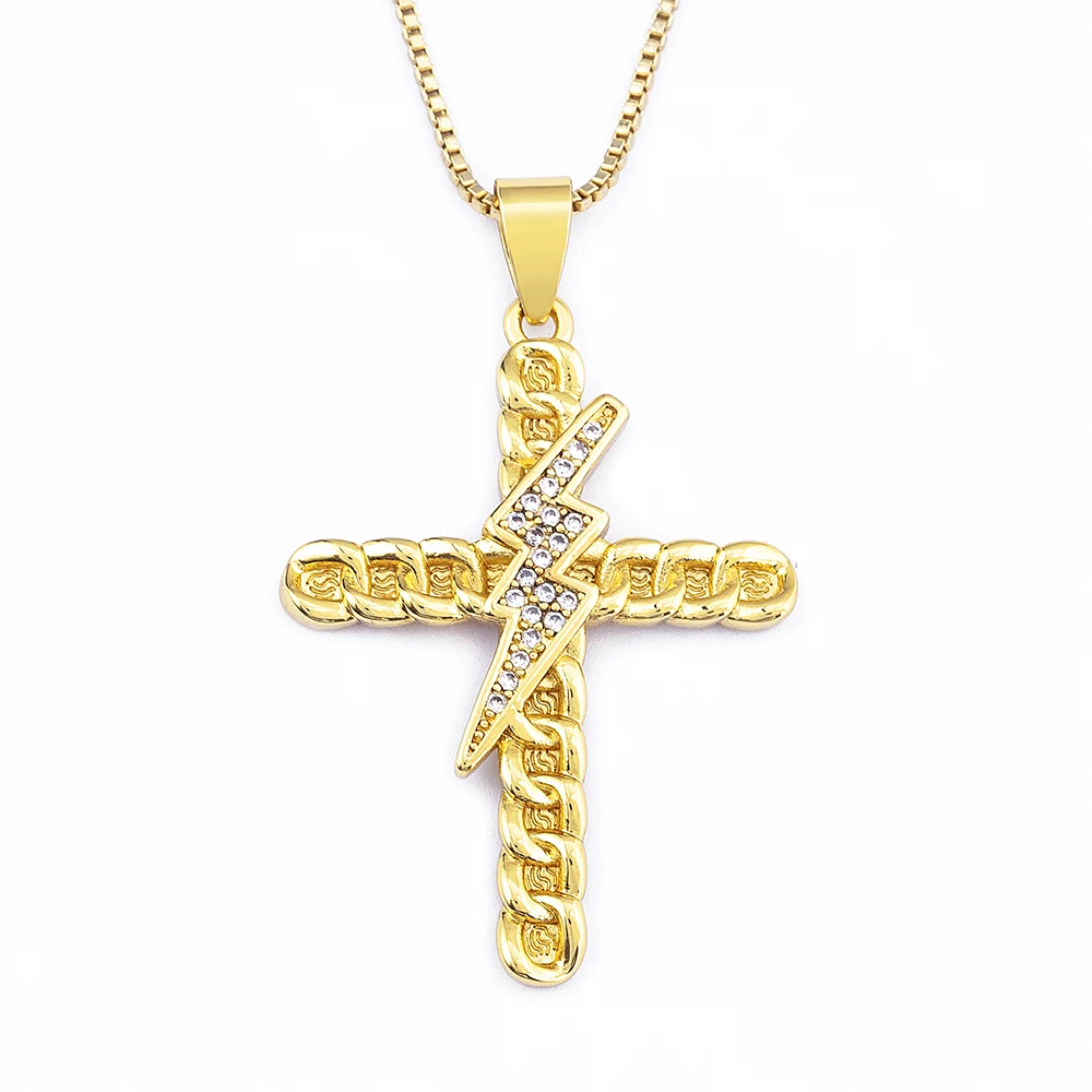 

New Arrival Crystal Lightning Chain Cross Pendant Necklace Cubic Zirconia For Women Gold Plated Fashion Choker Jewelry Gift, As pictures