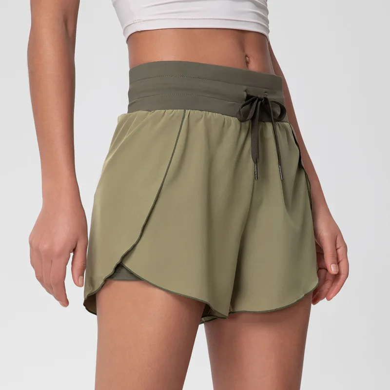Wholesale Women Quick Dry Double Layer 2-in-1 Running Yoga Shorts Drawstring Flowy Hem Fitness Workout Athletic Wear Clothing