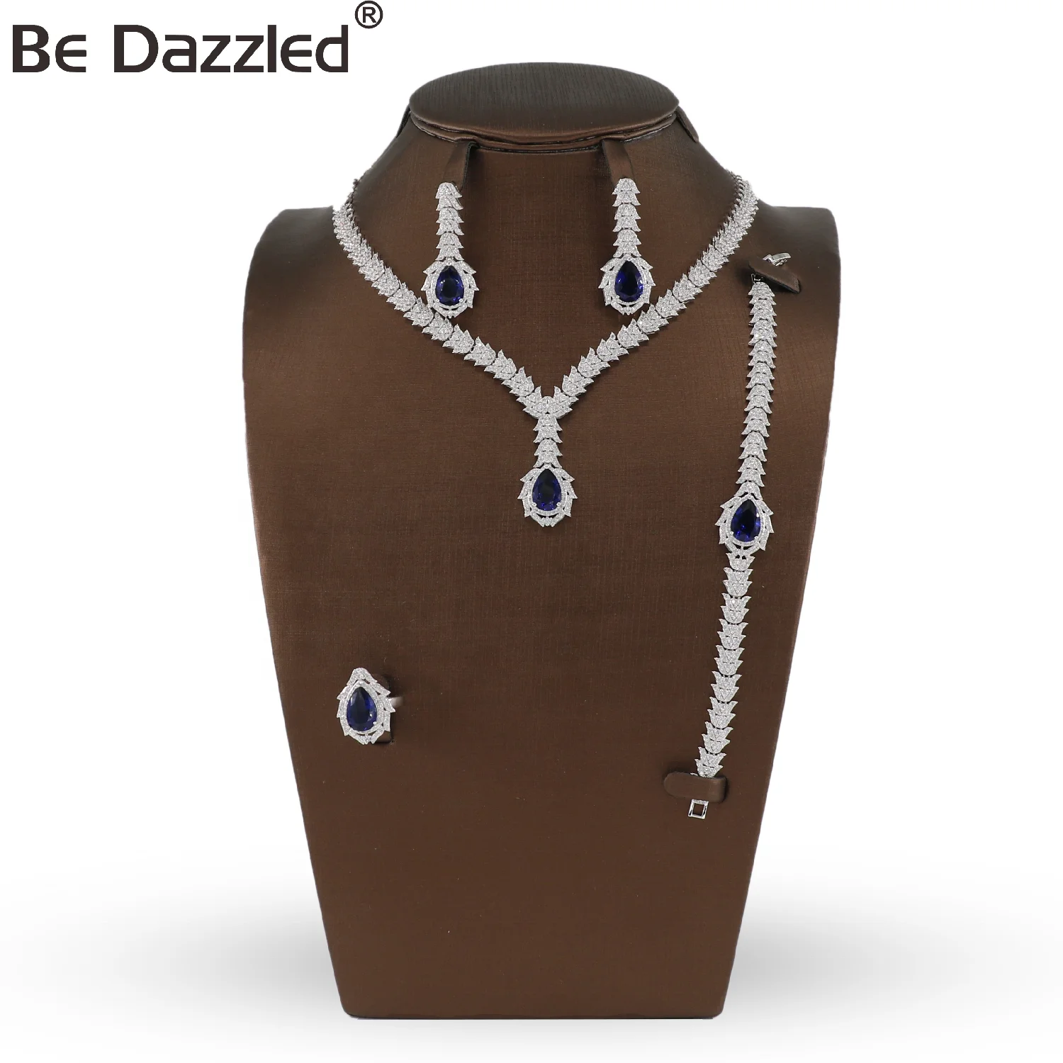 

Bedazzled Top Quality Luxury Vintage Blue Sapphire Zircon Earrings Necklace Jewelry Sets for Women